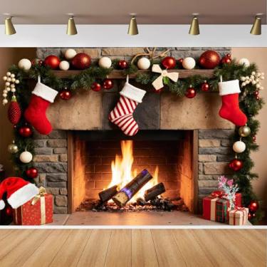 Imagem de CapiSco Pano de fundo para lareira de Natal, 1,8 x 1,8 m, meias de Natal, árvores queimando lenha, fundo fotográfico, decoração de festa familiar, faixa