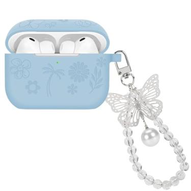 Imagem de Capa de silicone compatível com AirPods Pro 3 geração 2025 com chaveiro borboleta, capa protetora com design de flor gravada para mulheres, capa macia de TPU (poliuretano termoplástico) à prova de