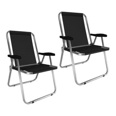 Imagem de Kit 2 Cadeira Praia Max Alumínio Oversize Preta até 140kg Zaka