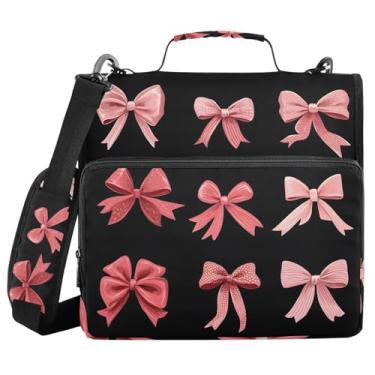 Imagem de Fichário de 3 anéis com zíper com alça de ombro laço vermelho rosa preto 3,8 cm guarda fichários grande capacidade vários bolsos para material de escritório escolar