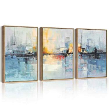 Imagem de PHOPAGO Arte de parede emoldurada azul marinho paisagem abstrata grafite forma colorida decoração de parede arte moderna pinturas lavanderia sala de estar decoração - 30,5 x 40,6 cm moldura natural