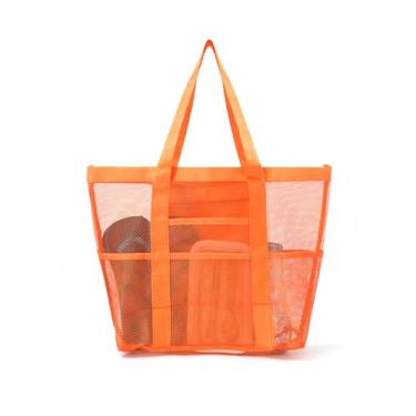 Imagem de Bolsa de praia de malha, grande bolsa de praia com bolsos com zíper - Piscina familiar, brinquedos e itens essenciais para férias, Laranja, Large, Bolsa de praia de malha, bolsa de praia grande com