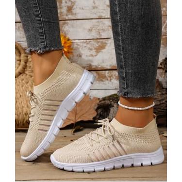 Imagem de Tênis de corrida feminino, sem cadarço, antiderrapante, caminhada, academia, treino, atlético, confortável, leve, moderno, esportivo, casual, Bege, 40
