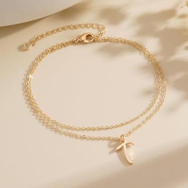 Imagem de Tornozeleiras banhadas a ouro 14K para mulheres - tornozeleira de aço inoxidável A-Z com pingente de símbolo inicial de A-Z, hipoalergênica, impermeável, aniversário, Natal, mãe, avó, 7, Latão, Sem