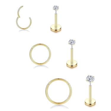 Imagem de 6 argolas articuladas de aço cirúrgico 316L para mulheres e homens, kit de piercing de 16G com costas planas para tragus/concha/torre/daith/lábio/labret/septo/nariz, joias hipoalergênicas, 16G(1.2mm
