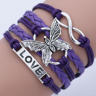 Imagem de Pulseiras de borboleta de couro, envoltório ajustável de liga, pulseiras trançadas multicamadas, pulseiras decorativas de festa com letra amor e borboleta para homens e mulheres, Large, Liga metálica