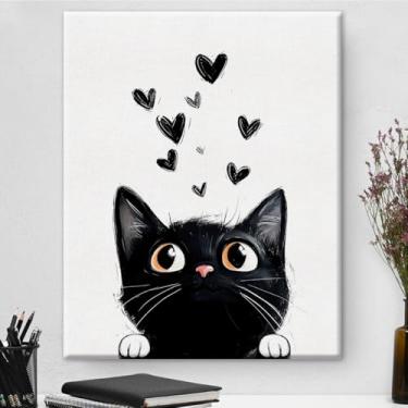 Imagem de Pôster de arte de parede em tela emoldurada de gato preto fofo pintura de gatinho preto pronto para pendurar para casa apartamento sala de estar decoração de parede 20 x 25 cm, presente para amantes