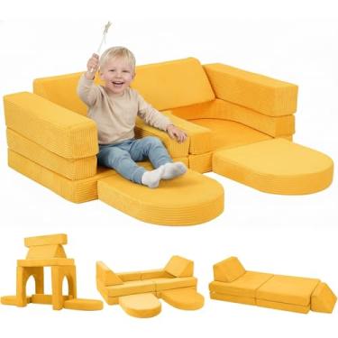 Imagem de MeMoreCool Sofá infantil para sala de jogos, sofá modular de 10 peças, sofá infantil conversível de veludo cotelê, conjunto de construção de forte de espuma para móveis de quarto de criança, amarelo