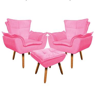 Imagem de Kit 02 Poltronas Opala Com 01 Puff Opala Suede Pés Palito Castanho DRossi Rosa Barbie