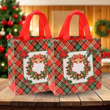 Imagem de 4 Estilos de Natal Impresso Não Tecido Xadrez Saco de Presente Reutilizável Vermelho Mercearia Sacola de Compras Feliz Natal Artigos de Festa em Casa (Guirlanda, 23 * 22 * 11 cm)