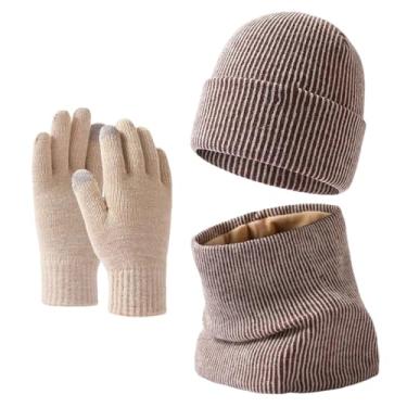 Imagem de Chapéu feminino de malha de camada dupla, quente, inverno, à prova de frio, chapéu de lã, gola redonda, cachecol, conjunto de luvas, café