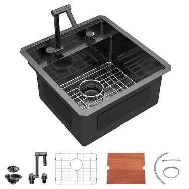 Imagem de Dcolora Pia de cozinha para trailer, 45,7 x 48,3 cm x 22,9 cm preto metálico #DC-RV0004GB, pia de barra inferior com torneira dobrável, pia de cozinha pequena de aço inoxidável 304 premium, perfeita