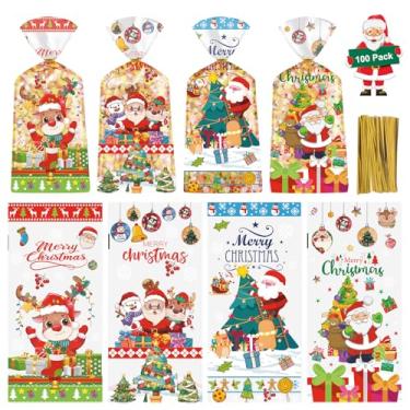Imagem de 100 unidades de sacos de guloseimas de Feliz Natal - Sacos de presente de celofane de Natal transparentes, saco de plástico para lanches de doces de Papai Noel com laços torcidos para lembrancinhas de