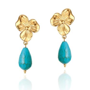 Imagem de Dckazz Brincos de ouro turquesa para mulheres, brincos de declaração de flores, joias de turquesa ocidental, para mulheres, banhado a ouro 14 K, floral, pingente de aço inoxidável