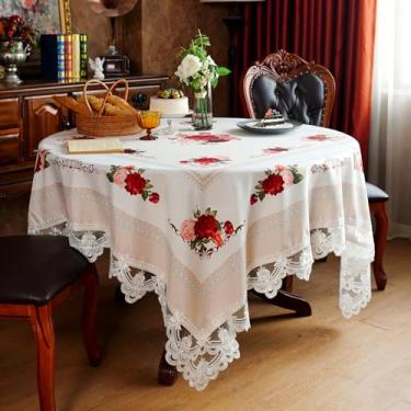 Imagem de SUTAVIA Toalha de mesa bordada de renda, toalha de mesa retangular para casa de fazenda, toalha de mesa de macramê clássica oblonga com decoração de flores antigas (esbranquiçada, quadrada, 178 x 178