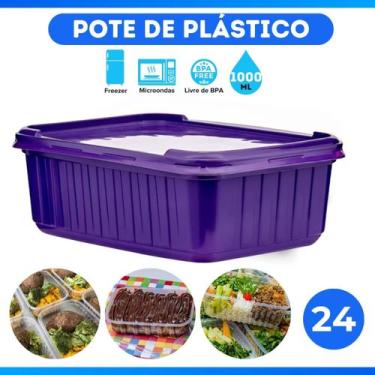 Imagem de 24 Potes Sorvete Açaí 1L Retangular Plástico Roxo Com Tampa - BP POTES
