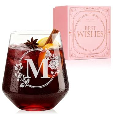 Imagem de Taça de vinho personalizada sem haste – Copos iniciais monogramas gravados personalizados, chá de panela, aniversário, casamento ou presente de noivado para mulheres Her-M