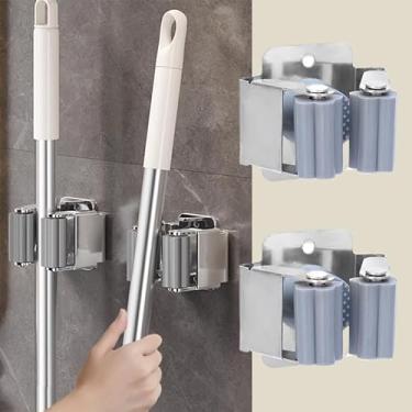 Imagem de 2 conjuntos de suportes de esfregão para vassoura ganchos de armazenamento doméstico cozinha banheiro garras organizador rack com parafusos (2 peças cinza)