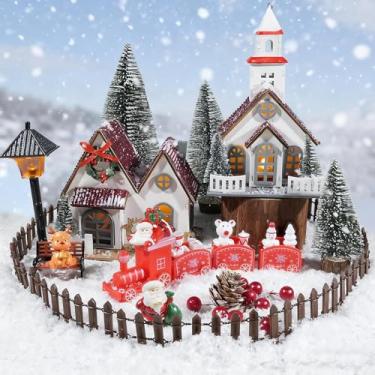 Imagem de Exasinine 35 peças de conjuntos de vila natalina vila de natal miniatura ornamento de resina decorações de casa de Natal acessórios de mesa ornamento de mesa para férias de inverno