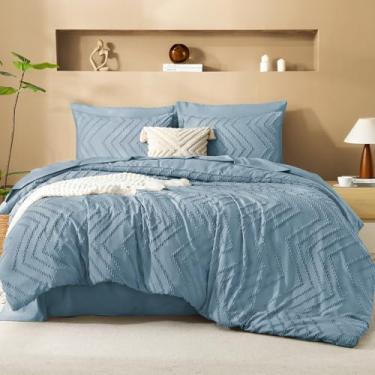 Imagem de Litanika Conjunto de edredom solteiro GG azul empoeirado - cama boho tufada chique em uma bolsa para dormitório universitário, 5 peças, conjunto de cama de fazenda macio e fofo para todas as estações