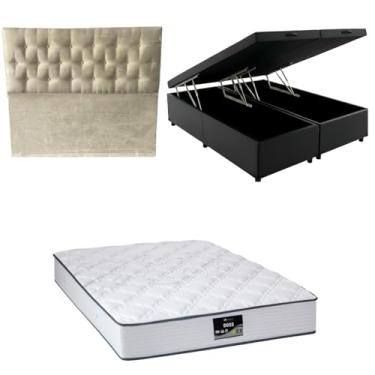 Imagem de Cama Box Baú Bipartida Blindada com Colchão Doss Molas Ensacadas 30cm + Cabeceira Botonê (CORINO PRETO, Casal Bipartido)