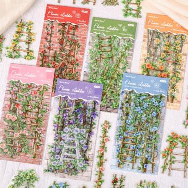 Imagem de 120 peças de adesivos vintage de escadas de flores transparentes para álbuns, adesivo de scrapbook de escada floral da natureza PET para diário, confecção de cartões, cartas, artesanato DIY, decoração
