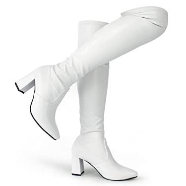 Imagem de Hawkwell Botas femininas de cano alto com bico fino e salto alto acima do joelho, Poliuretano branco, 41