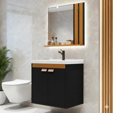 Imagem de Gabinete para Banheiro com Espelheira Prateleira e Cuba Branca, Conjunto Completo MDP 2 Portas, Balcão com Espelho e Pia Integrada (Preto)