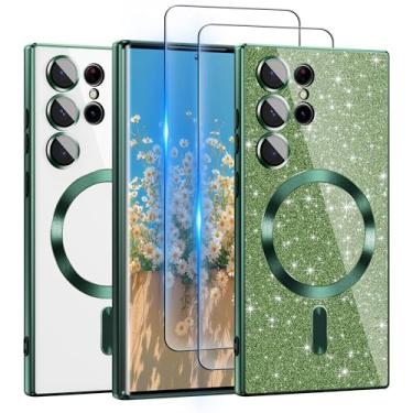 Imagem de ATUMP Capa para Galaxy S23 Ultra compatível com MagSafe, [cartão de glitter e 2 peças de películas HD] Linda capa brilhante brilhante [nunca amarela], fina, à prova de choque, antiarranhões, macia e