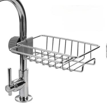 Imagem de Escorredor Multiuso de Aço Inox, Suporte para Torneira, Organizador de Pia com Compartimento para Sabão e Esponja, 22,5 x 7,5 x 10,5 cm, Prateado e Cinza