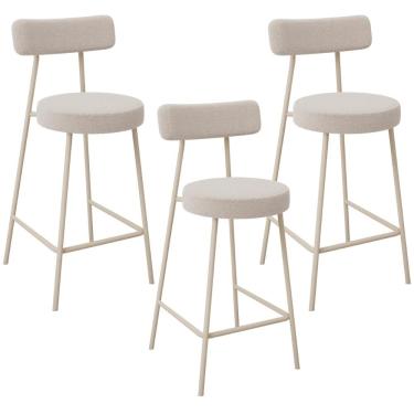 Imagem de Kit 03 Banquetas Baixa Cozinha Sala Jantar Bancada Milão Arena L02 Bouclê Bege - Lyam Decor
