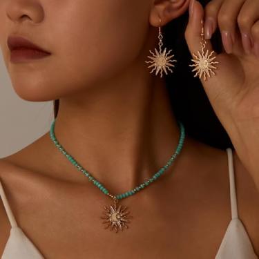 Imagem de Conjunto de colar e brincos com contas de sol para mulheres, conjunto de joias boho turquesa, pingente celestial de ouro, brincos pendentes, acessórios de praia de verão na moda presente
