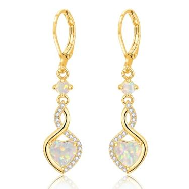 Imagem de CiNily Brincos pendentes de opala para mulheres, adolescentes, ouro branco 14 quilates | Anéis de orelha banhados a ouro com pingente de coração de zircão cúbico com fecho de alavanca, joia de opala