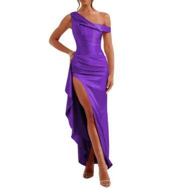 Imagem de Vestido de convidado de casamento Alphirkut Satin Off Shoulder Purple