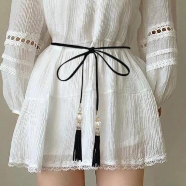 Imagem de Cinto fino de borla com pérolas de couro sintético para vestidos e calças marrom preto, Preto, P
