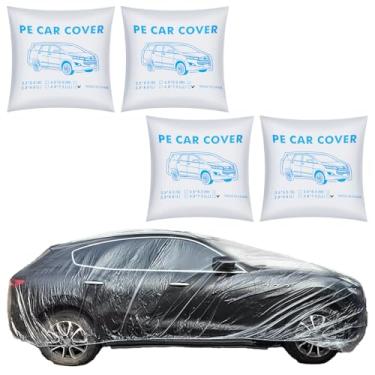 Imagem de Pacote com 4 capas de carro de plástico transparente, capas de carro descartáveis capa universal de veículo chuva poeira garagem capas protetoras de carros com faixa elástica média para Sedan ao ar