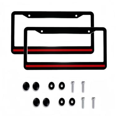 Imagem de Moldura de placa de licença de linha vermelha fina - pacote com 2 suportes de placa de carro personalizados para bombeiros alumínio metal preto linha vermelha capa de etiqueta de carro com 2 furos