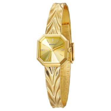 Imagem de BERNY Relógios vintage dourados para mulheres, relógio de pulso feminino octogonal delicado, relógios analógicos femininos de quartzo para pulsos pequenos, à prova d'água, todos de aço inoxidável