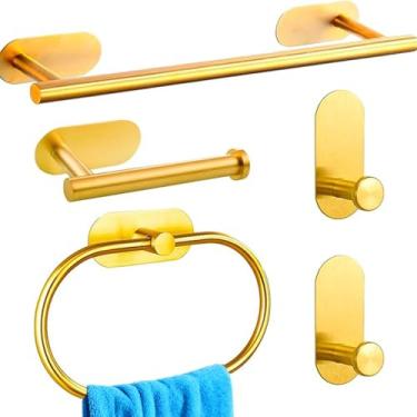 Imagem de Conjunto de ferragens de banheiro, suporte de toalha de banheiro de 40 cm com suporte de papel higiênico, anel de toalha, gancho de toalha, acessórios de banheiro para cozinhas, lavanderias (5, ouro)