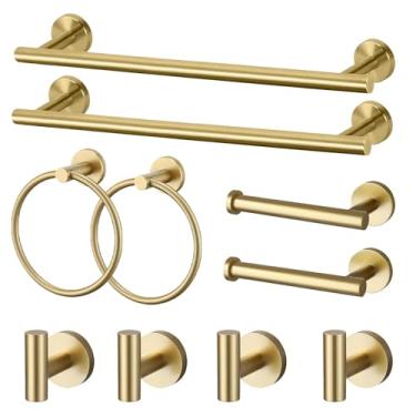 Imagem de Conjunto de ferragens de banheiro, suporte de toalha de banheiro de 40 cm com suporte de papel higiênico, anel de toalha, gancho de toalha, acessórios de banheiro para cozinhas, lavanderias (10, ouro)