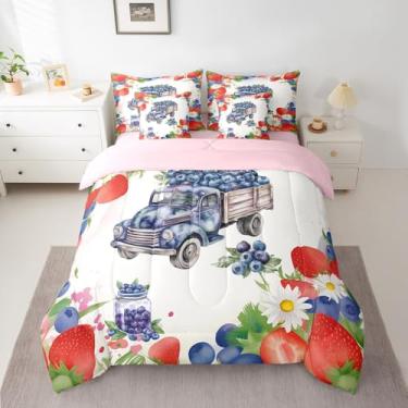 Imagem de Conjunto de edredom infantil, 7 peças, aquarela morango e mirtilo, para meninas, caminhão, mirtilo, cama em uma bolsa, solteiro (1 edredom, 2 fronhas, 2 fronhas, 1 lençol de cima, 1 lençol com