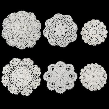 Imagem de 6 peças de guardanapos brancos vintage para mesas, toalhas de renda de algodão cravejado à mão, toalha de crochê de renda circular, toalha de mesa vintage, para recepções de casamento, restaurantes e
