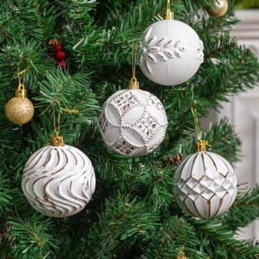 Imagem de Conjunto de enfeites de Natal de bronze branco de 8 cm, 16 peças vintage rústica de fazenda à prova de estilhaçamento, decorações de bolas envelhecidas para decoração de Natal antiga (marrom branco)