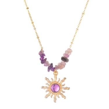 Imagem de GLMOCM Colar de sol de cristal feminino com pingente de sol dourado e pedra natural ametista colares gargantilha colares de cristal roxo joias modernas de Natal para mulheres, one size, Cobre, Sem