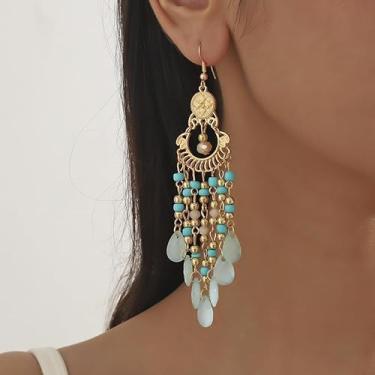 Imagem de Brincos femininos com pingente de borla dourada, opção de 3 cores (branco/azul/preto) brincos boêmios, joias modernas para festas e uso diário, One Size, Metal Vidro, Sem pedra preciosa