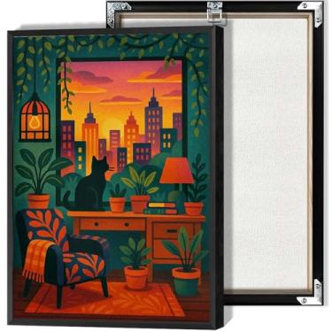 Imagem de Cidade de gato romântico pôr do sol arte em tela aconchegante horizonte urbano animal pôster pôr do sol janela gato parede deocr gatinho amante galeria impressões de arte para casa quarto dormitório