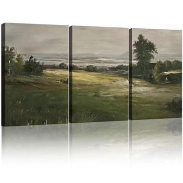 Imagem de AUFDASORT 3 peças em tela emoldurada paisagem arte de parede verde natureza galeria impressões país fazenda pôster arte para sala de estar quarto escritório decoração de imagem 40,6 x 61 cm