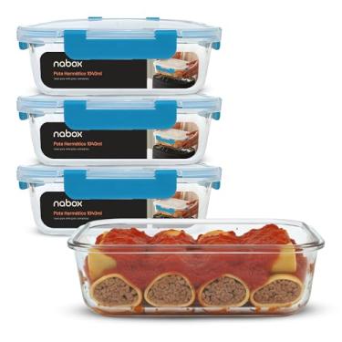 Imagem de 4 Potes Vidro Tampa Hermética 1040ml Marmitas Travas Premium (Azul)