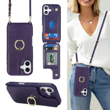 Imagem de Lipvina Capa para iPhone 17 com suporte para cartão e alça para mulheres, cordão transversal, suporte de anel, fecho de pressão, capas de carteira de telefone fofas de 6,3 polegadas (roxo escuro)