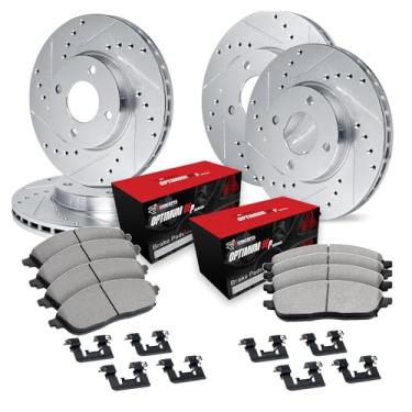 Imagem de R1 Concepts Conjunto de rotor de freio a disco prateado perfurado e ranhurado com pastilhas Oe Optimum e hardware dianteiro e traseiro 1982-1985 Toyota Celica